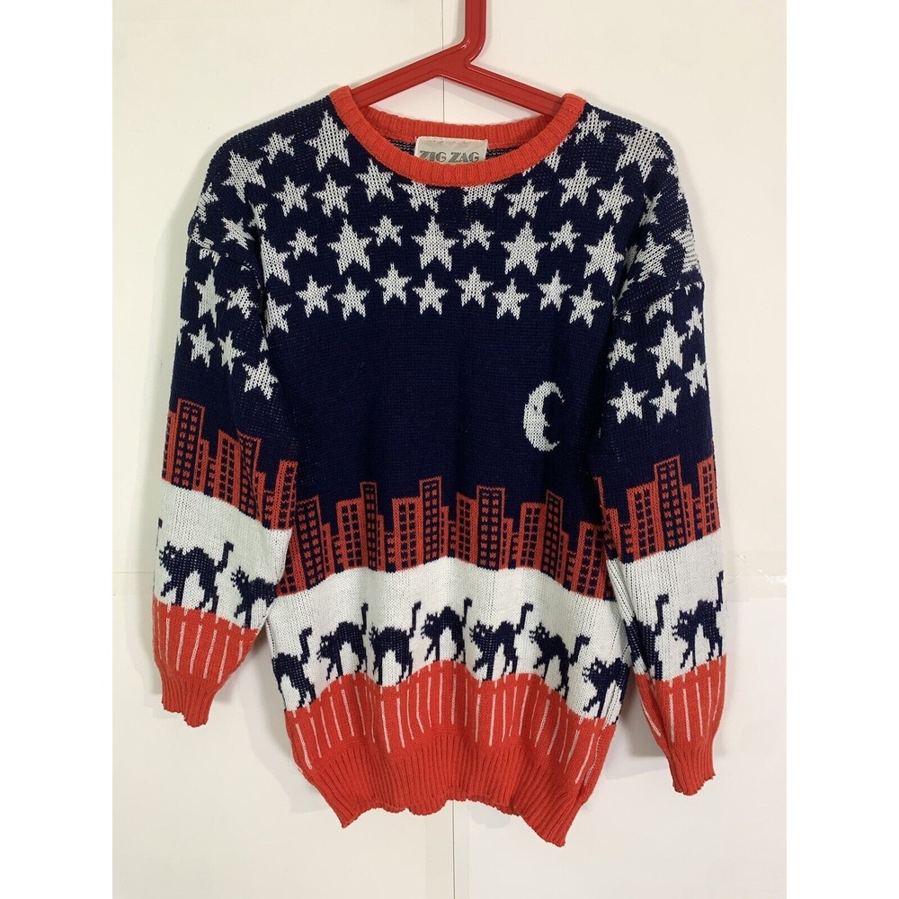 Vintage Zig Zag Ramie Sweater American Flag  Womens P/S Cats Cityscape Y2K
